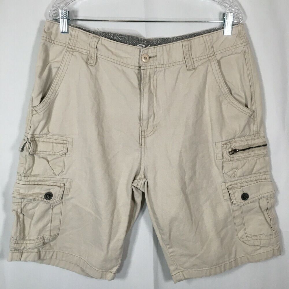 Plugg Shorts‎ Mens Sz 32 Beige 100% Cotton 9 Pocket Cargo Flap 11" Inseam